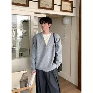 남성용 니트 가을 페이크 투피스 브이넥 스웨터 차콜 V넥 코트 admr3