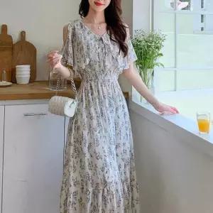 편한원피스 민소매 쉬폰 롱 원피스 브이넥 A라인 허리스모크밴딩
