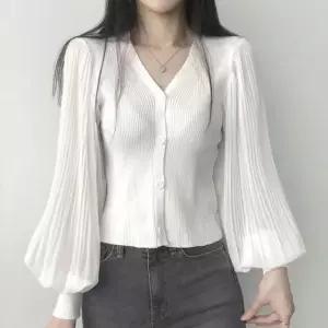 가디건 브이넥 하객룩 골지 퍼프 가을 플리츠 YWFJX8XH