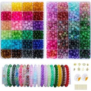 2, 주얼리 제작용 1300PCS 원형 유리 구슬 포장, 팔찌 제작 및 DIY 공예용 8mm 크리스탈 48개, 초보자에게 적합한 2박스. (솔리드+프린팅)