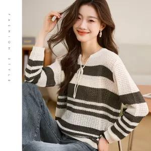 썬더볼츠 여사친 니트 레이스 느슨한 상의 봄가을 얇은 티 롱루즈핏 스웨터 슈퍼 스트라이프 KKE1