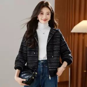 손오반 여자 모직 데일리룩 간절기 가디건 후드 스트라이프 봄가을 두툼겉니트 카디건 KUK3