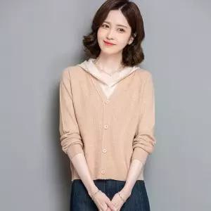 손오반 니트 여성용 페이크 투피스 데일리룩 간절기 가디건 후드 쇼트 카디건 배색 아우터 봄옷 KUK1