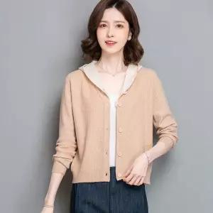 손오반 여성 니트 배색 긴팔 카디건 아우터 스웨터 봄가을 숏 데일리룩 후드 간절기 KUK1