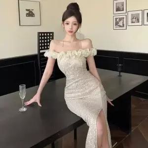 헐크 여성 원피스 트임 어깨 쉬폰 이브닝드레스 일자 스팽글 KKE1