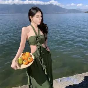 헐크 여친 여자 원피스 스커트 롱 바캉스 비치 홀터넥 쉬폰 슬립 찰랑 가을끈 KKE3
