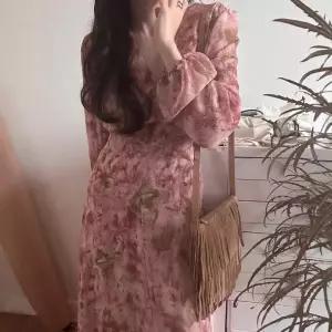 헐크 여친 여성용 원피스 가을 빈티지 브이넥 끈 긴팔 프린트 쉬폰 보카시 KKE3