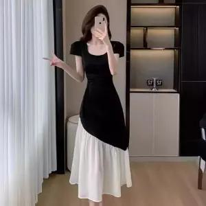 EAMT 원피스 치마 롱 여자 하계 쉬폰 프렌치 스퀘어넥 허리 배색 플레어 YJ2