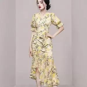 EAMT 원피스 여사친 허리 소매 쉬폰 주름 프린트 버블 V넥 YJ2