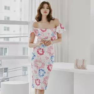 EAMT 원피스 여사친 하계 쉬폰 프릴 일자어깨 슬림핏 프린트 랩 YJ2
