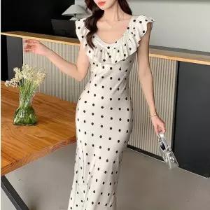 EAMT 원피스 롱 여름 여사친 쉬폰 도트 드레스 프린트 머메이드 프릴 슬림핏 YJ2