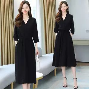 EAMT 여름 캐주얼 원피스 여사친 블랙 롱 쉬폰 브이넥 허리 슬림핏 프렌치 YJ2