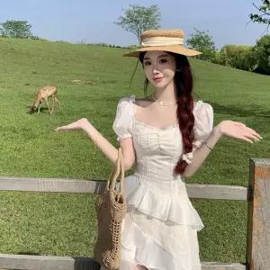 EAMT 여사친 스커트 원피스 롱 여름 퍼프소매 바캉스 쉬폰 허리조임 요꼬불규칙 해변가 YJ2