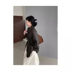 EAMT 여성자켓 가죽 아우터 가을 카라넥 슬림핏 세미 오버핏 벨트 YJ3