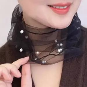 레이스 망사 넥워머 진주 포인트 스카프 미니 목도리 가벼운스카프 망사스카프