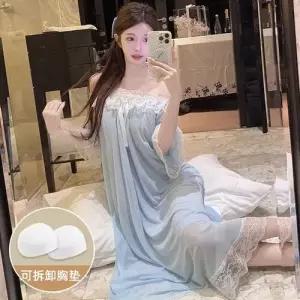 팽블몰 치마 롱 망사 여름 빈티지 커플 솔리드 반팔 레이스 프렌치 끈 잠옷 잠옷세트 파자마 HO2