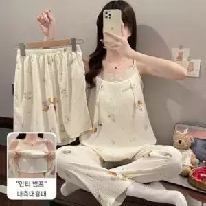 팽블몰 팬츠 면 여름 캐릭터 나시 잠옷세트 끈 쓰리피스 커플 패드 잠옷 HO2