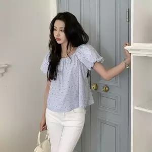 여자 여름 오프숄더 퍼프 도트 반팔 블라우스_25210913_588872
