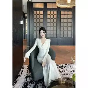 여성 치마 원피스 롱 나팔 머메이드 셔링 레이스 브이넥 KS1