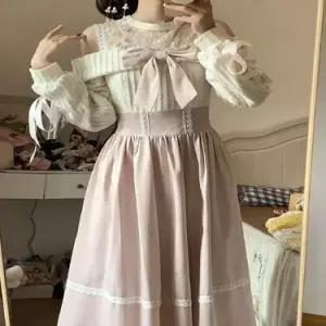 레이스 오프숄더 연핑크 끈 러블리 롱스커트 트렌드 원피스 여자 가을 KS3
