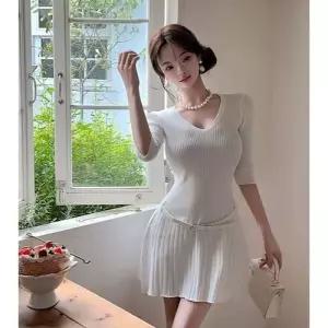 여친 스커트 니트 원피스 여름 빈티지 벨트 플리츠 브이넥 반팔 슬림핏 OP2