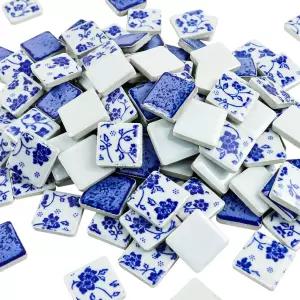 야틴킴 1x1인치 121개 도자기 모자이크 타일 공예 유약을 바른 파란색과 흰색 사각 연마 중국 접시 DIY