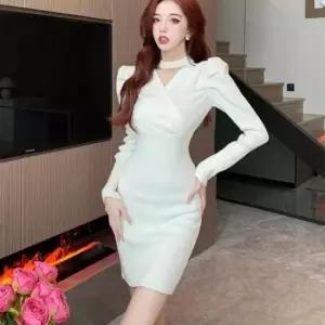 브이넥 트임 홀터넥 슬림 골지 미니 원피스