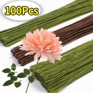 꽃철사 100PC 인공 그린 꽃 줄기 철 결혼식 홈 꽃병 축하 재료 크리스마스 꽃다발 신부 와이어