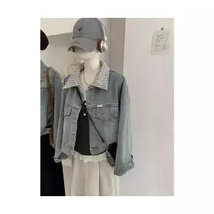 마킷3 여성 청자켓 탈부착 체크 칼라 데님 코트 봄 싱글 긴팔 상의 JEN1