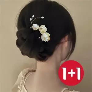 1+1 U자 목련꽃 메탈 비녀핀 뒤꽃이 올림머리비녀 헤어코사지