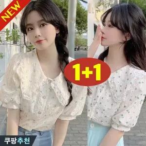 (완전 추천) 1+1 여성 플라워 프린트 어깨 퍼프 프렌치 숄카라 블라우스 여름 편한 반팔 시원한 입체 레이