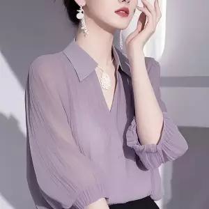 여성 셔츠카라 브이넥 솔리드 플리츠 프렌치 트랜드 엘레강스 소프트 루즈핏 5부 소매 블라우스