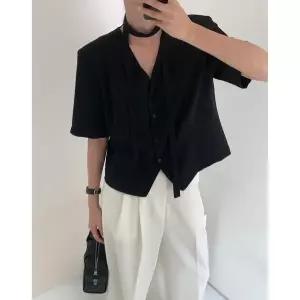 체인지쉬(change she)여성 브이넥 벨티드 정장핏 반팔 자켓 심플 블라우스