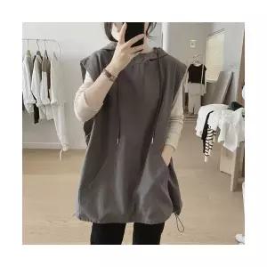 타노스여자 데일리룩 조끼 캐주얼 후드 코트 오버사이즈 하프 빈티지 풀오버 면 카고 민소매 상의 KUK1