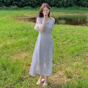 핫핑 리퓨어 쉬폰 플라워 스퀘어넥 윙소매 반팔 롱원피스