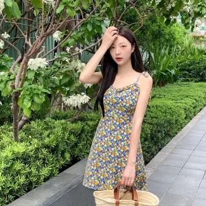 (국내제작)(MADE/나들이룩/휴양지룩) 피레네 플라워 프릴 리본 끈 나시 미니 원피스 op15740