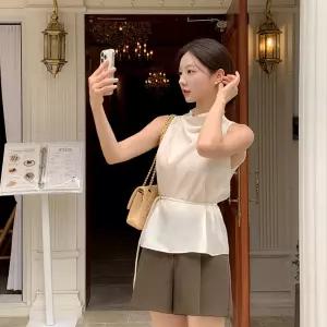 (국내제작)(벨트세트/데이트룩/하객룩) 릴리즈 홀터넥 반하이넥 벨트 블라우스 bs7994