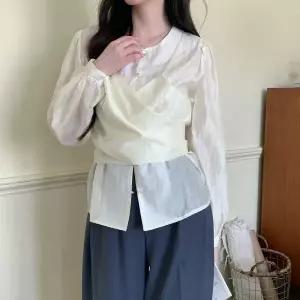 [하프클럽/]여성 뷔스티에 레이어드 노카라 여리핏 블라우스