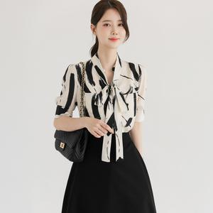 [시크라인] (~XXL까지) 드레인 스카프타이 패턴 블라우스 여름 나염 하객룩 오피스룩 데이트 모임 미시 빅사이즈