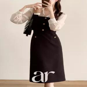 (국내제작)(MADE/브랜드퀄리티/미니롱/격식룩) 오네드 단추 블라우스 배색 뷔스티에 2기장 원피스 op16270