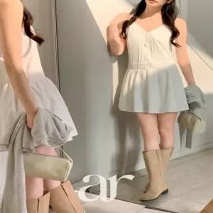 (레이어드/어깨끈조절안감O) 르모어 핀턱 셔링 뷔스티에 블라우스 플레어 미니 원피스 op16276