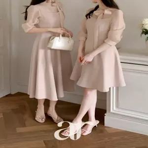 (미니롱/기장세분화/하객룩) 2기장 사이드 리본 미니 롱 플레어 원피스 op16376