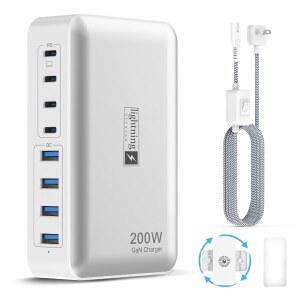 [미국배송] 다중 장치용 200W 충전소 8포트 USB C 충전기 블록 고속 충전 휴대폰 태블릿 노트북 멀티 허브 플랫 플러그용 65W 타입 GAN 전원 어댑터