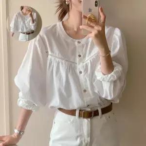 퍼프소매 펀칭 노카라 라운드넥 셔츠 블라우스 출퇴근