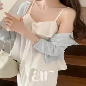 (국내제작)(끈조절가능/레이어드템) 리본 프릴 나시 블라우스 끈나시 bs8757