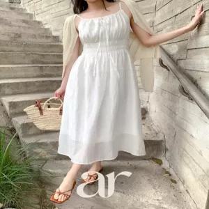 (나시원피스) 리본 셔링 스모크 밴딩 뷔스티에 롱원피스 휴양지룩 바캉스룩 op16387