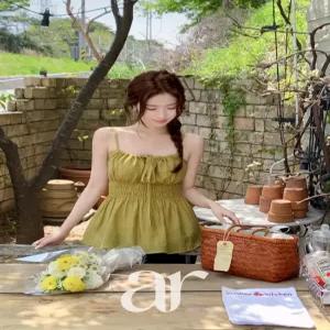 (부유방커버/어깨끈조절O/휴양지룩) 리본 스트랩 스모크 뷔스티에 블라우스 나시블라우스 데이트룩 휴양지룩 bs8762