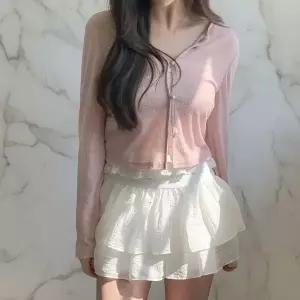 [하프클럽/]여성 폴리에스터 플라워 버튼 프릴 시스루 크롭 가디건 세트