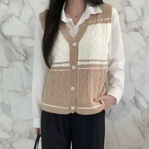 [하프클럽/]여성 배색 니트 조끼 가디건 셔츠 레이어드 패키지