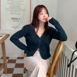 [하프클럽/]여성용 깊은 V넥 골지 기본 버튼 가디건